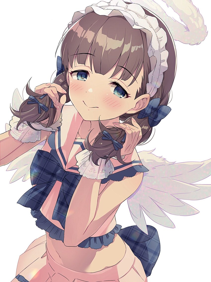 1girl, blue_bow, blue_eyes, blush, bow, brown_hair, cropped_shirt, feathered_wings