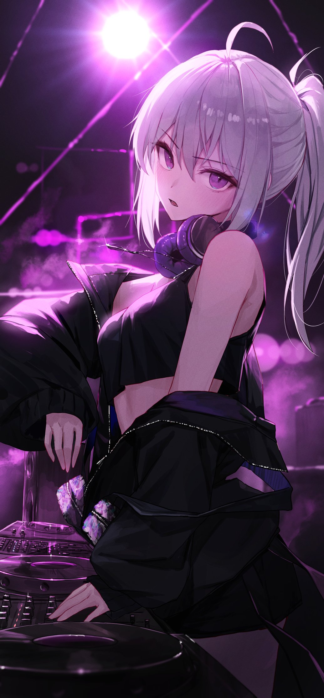 1girl, ahoge, backlighting, bare_shoulders, black_jacket, black_shirt, breasts, ceiling_light