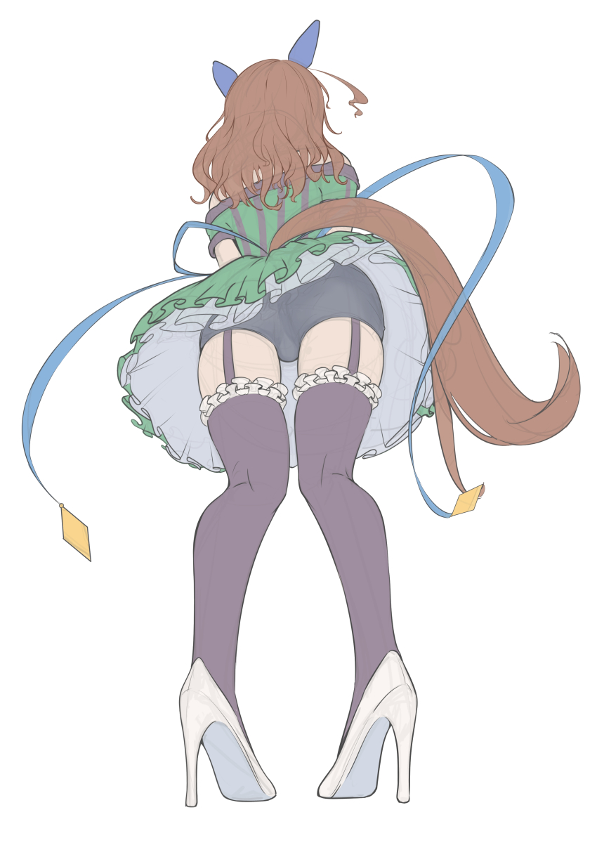 1girl, absurdres, animal_ears, black_thighhighs, brown_hair, dress, ear_covers, facing_away