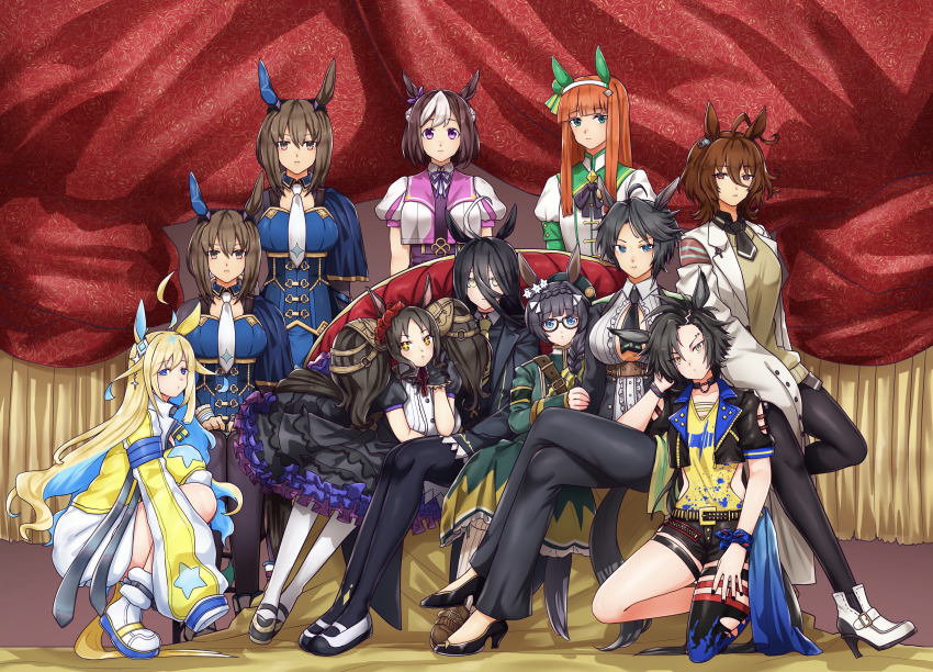 +_+, 6+girls, absurdres, admire_vega_(starry_nocturne)_(umamusume), admire_vega_(umamusume), agnes_tachyon_(tach-nology)_(umamusume), agnes_tachyon_(umamusume), ahoge, air_shakur_(umamusume), air_shakur_(unsigned)_(umamusume), alternate_universe, animal_ears, black-framed_eyewear, black_choker, black_gloves, black_hair, black_jacket, black_necktie, black_pantyhose, black_shirt, black_shorts, black_skirt, blonde_hair, blue_capelet, blue_eyes, blue_hair, blunt_bangs, bodice, braid, breasts, brown_footwear, brown_hair, capelet, center_opening, chest_belt, choker, cleavage, collared_shirt, colored_inner_hair, commentary, commentary_request, cropped_jacket, crown_braid, dress, dress_shirt, drill_hair, drill_sidelocks, ear_covers, ear_ornament, ear_piercing, earrings, empty_eyes, eyebrow_piercing, face_piercing, frilled_shirt, frills, fuji_kiseki_(shooting_star_revue)_(umamusume), fuji_kiseki_(umamusume), glasses, gloves, gold_trim, green_dress, green_eyes, grey_sweater, hair_between_eyes, hairband, hamham_121, high_heels, highres, hime_cut, horse_ears, horse_girl, horse_tail, jacket, jewelry, kneehighs, kneeling, lab_coat, large_breasts, leather_belt, long_bangs, long_hair, long_sleeves, looking_at_viewer, low_ponytail, manhattan_cafe_(creeping_shadow)_(umamusume), manhattan_cafe_(umamusume), marvelous_sunday_(umamusume), medium_breasts, messy_hair, multicolored_hair, multiple_girls, neck_ribbon, necktie, neo_universe_(umamusume), neo_universe_(universe-naut)_(umamusume), no_bra, orange_hair, pantyhose, partial_commentary, piercing, ponytail, purple_eyes, purple_ribbon, red_eyes, revealing_clothes, revision, ribbon, shirt, short_hair, short_necktie, shorts, siblings, side_braid, sidelocks, silence_suzuka_(innocent_silence)_(umamusume), silence_suzuka_(umamusume), single_ear_cover, single_earring, sisters, sitting, skirt, sleeves_past_fingers, sleeves_past_wrists, small_breasts, socks, special_week_(special_dreamer)_(umamusume), special_week_(umamusume), sweater, sweater_vest, tail, twins, twintails, two-tone_hair, umamusume, umamusume_horse_relations, underbust, white_footwear, white_hair, white_hairband, white_necktie, white_pantyhose, white_shirt, white_socks, yellow_eyes, yellow_necktie, yellow_sweater, zenno_rob_roy_(heroic_author)_(umamusume), zenno_rob_roy_(umamusume)