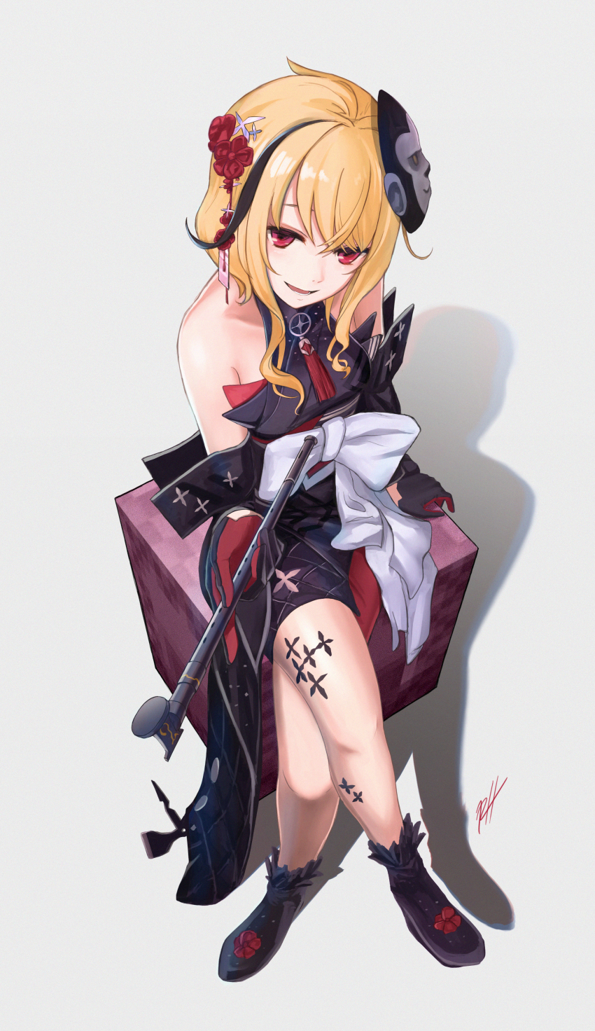 1girl, absurdres, bare_shoulders, blonde_hair, crossed_legs, cube, detached_sleeves, flower