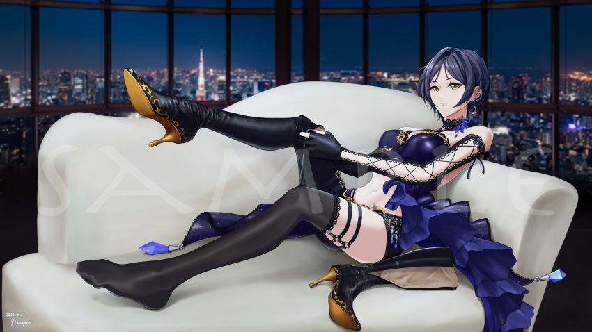 1girl, 92penpen, absurdres, boots, breasts, building, choker, couch