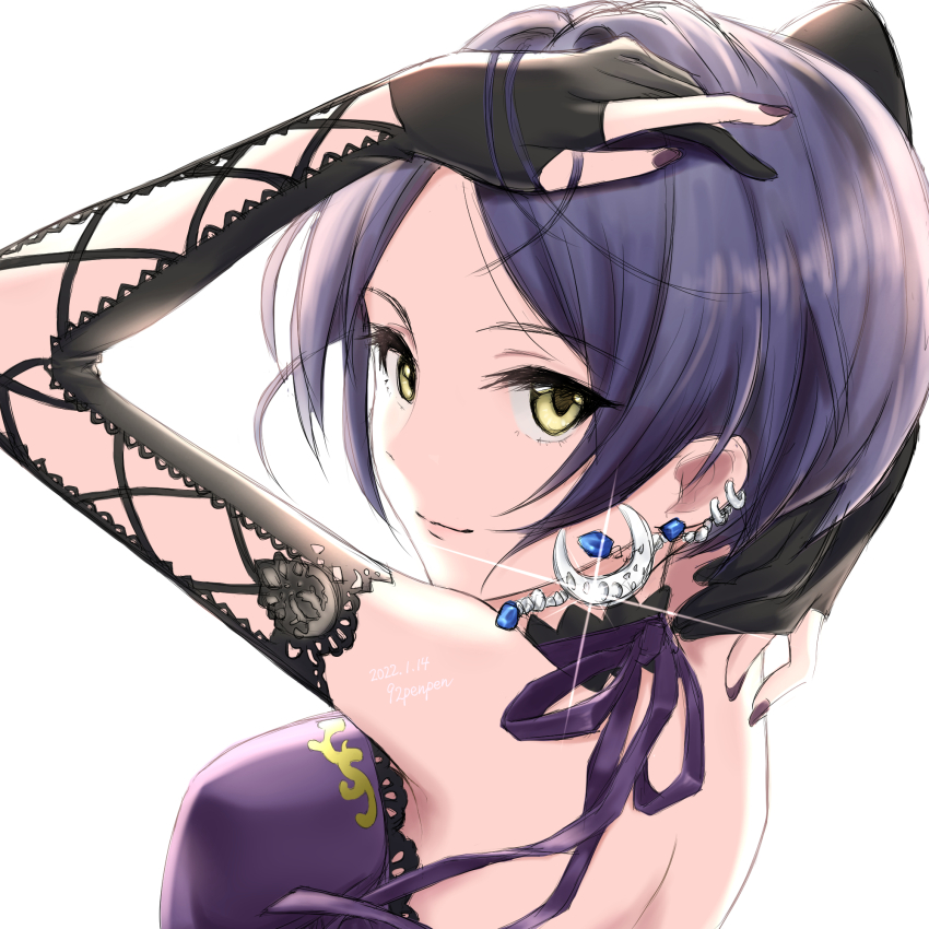 1girl, 92penpen, arm_up, back, blue_hair, dark_blue_hair, derivative_work, ear_piercing