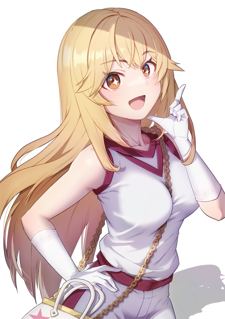 1girl, :d, bag, between_breasts, blonde_hair, breasts, brown_eyes, commentary_request