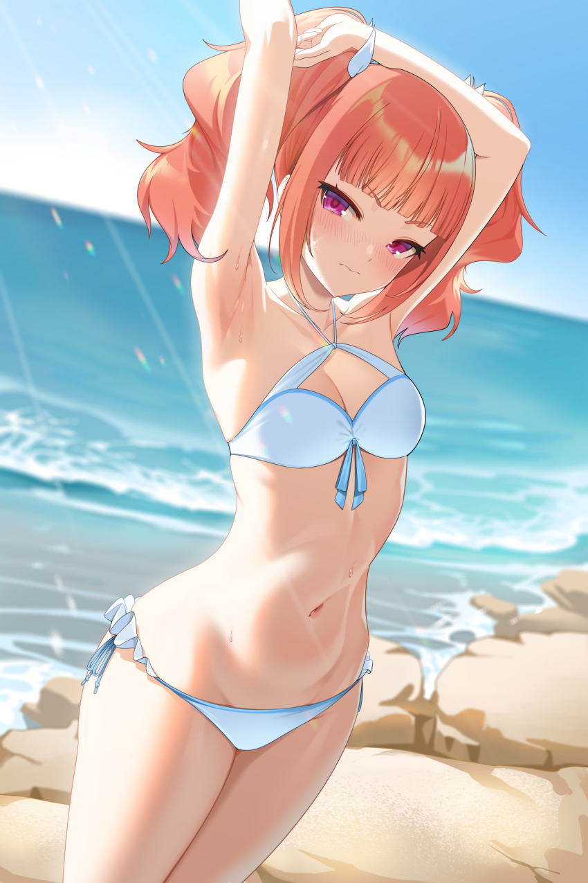 1girl, 3:, arm_on_own_head, armpits, arms_up, bare_arms, bikini, blue_sky, blunt_bangs, blush, bow, breasts, cleavage, closers, cowboy_shot, curly_hair, dutch_angle, hair_bow, highres, lens_flare, looking_at_viewer, luna_aegis_(closers), medium_breasts, medium_hair, navel, ocean, official_art, orange_hair, pink_eyes, rock, shore, short_eyebrows, side-tie_bikini_bottom, sidelocks, sky, solo, stomach, swimsuit, twintails, v-shaped_eyebrows, white_bikini, white_bow