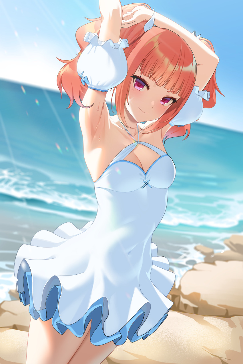1girl, arm_on_own_head, armpits, arms_up, blue_sky, blunt_bangs, bow, breasts