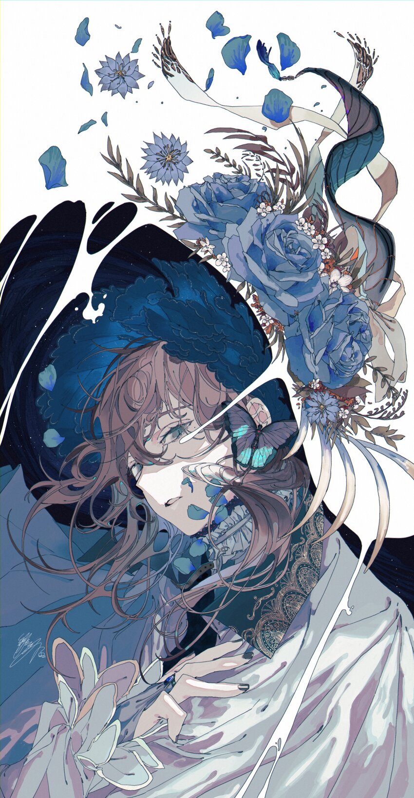 1boy, a_world_underneath, absurdres, aqua_butterfly, black_nails, blending, blue_eyes, blue_flower