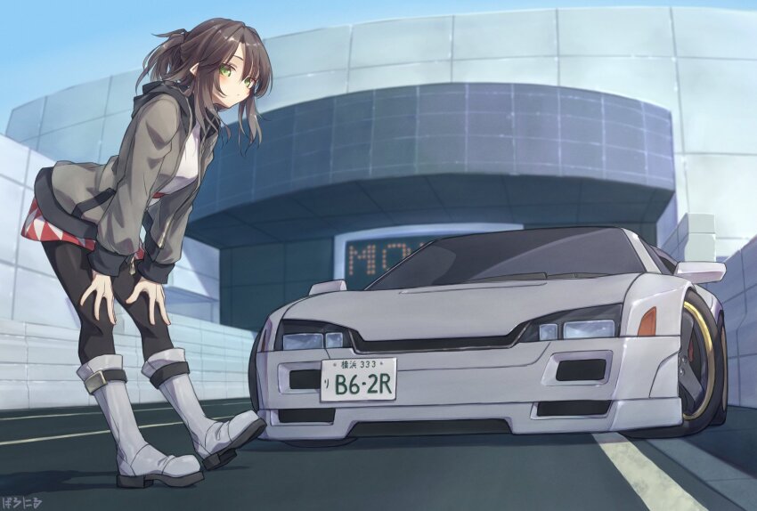 1girl, baronilu, black_hair, black_pantyhose, blush, boots, car, green_eyes