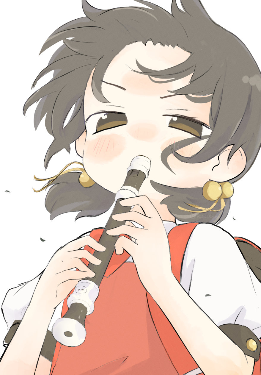 1girl, backpack, bag, black_hair, blush, brown_eyes, commentary_request, dress, floating_hair, flute, forehead, hair_bobbles, hair_ornament, half-closed_eyes, hands_up, highres, holding, holding_flute, holding_instrument, instrument, kaai_yuki, kyoufuu_all_back_(vocaloid), looking_at_viewer, low_twintails, music, necktie, pinafore_dress, playing_instrument, puffy_short_sleeves, puffy_sleeves, randoseru, recorder, red_bag, red_dress, red_necktie, shirt, short_hair, short_sleeves, sleeveless, sleeveless_dress, solo, twintails, upper_body, v-shaped_eyebrows, vocaloid, white_background, white_shirt, wind, yabisara