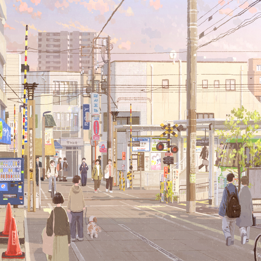 backpack, bag, building, city, day, dog, hayashi_naoyuki, highres, holding, holding_leash, leash, multiple_others, original, outdoors, people, power_lines, railroad_crossing, railroad_signal, railroad_tracks, scenery, sky, slice_of_life, traffic_cone, train, tree, utility_pole, vending_machine