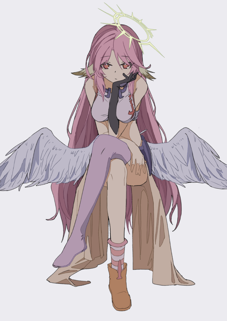 1girl, angel, angel_wings, animal_ears, asymmetrical_legwear, bird_ears, breasts, bridal_gauntlets, spiked_halo, crop_top, feathered_wings, halo, jibril_(no_game_no_life), large_breasts, long_hair, looking_at_viewer, low_wings, magic_circle, midriff, mismatched_legwear, multicolored_eyes, no_game_no_life, pink_hair, purple_eyes, shoes, single_shoe, solo, very_long_hair, white_wings, wing_ears, wings, yellow_eyes, yu_yin