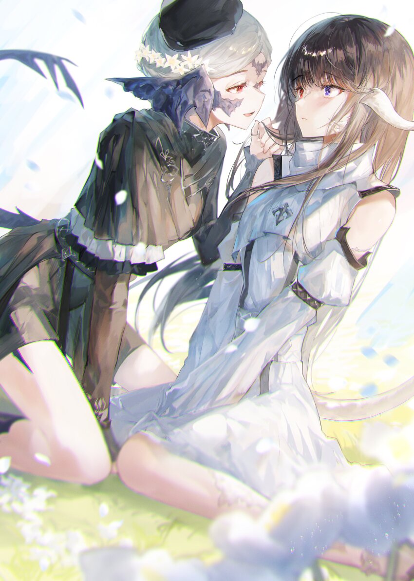 2girls, absurdres, au_ra, bare_shoulders, blurry, blurry_foreground, detached_sleeves, dragon_tail