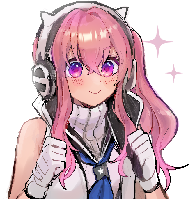1girl, :>, animal_ear_headphones, animal_ears, bare_shoulders, black_gloves, blue_neckerchief, blush