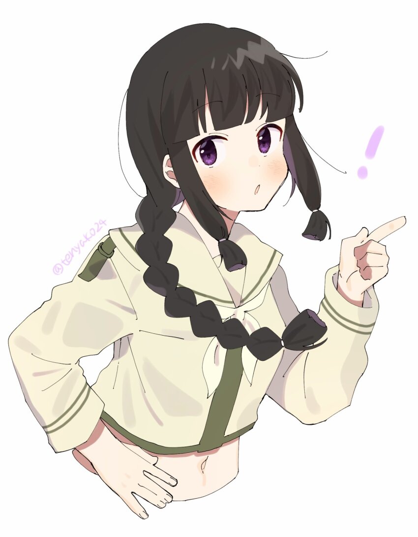 !, 1girl, black_hair, blunt_bangs, braid, cropped_torso, hair_ribbon, hand_on_own_hip