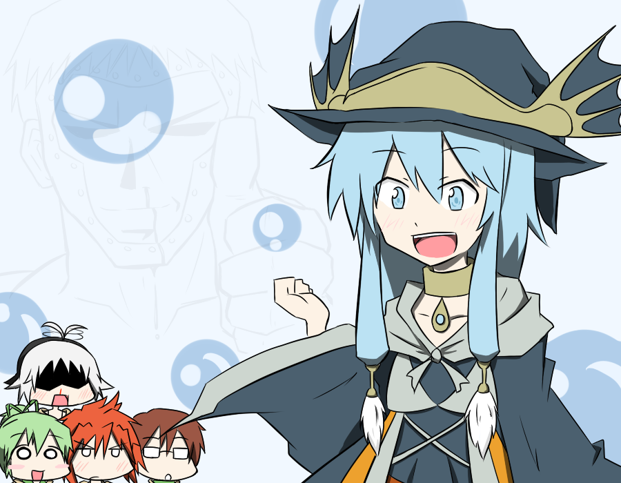 5girls, 6+girls, :d, ariel_(yu-gi-oh!), aussa_(yu-gi-oh!), aussa_the_earth_charmer, blood, blue_eyes