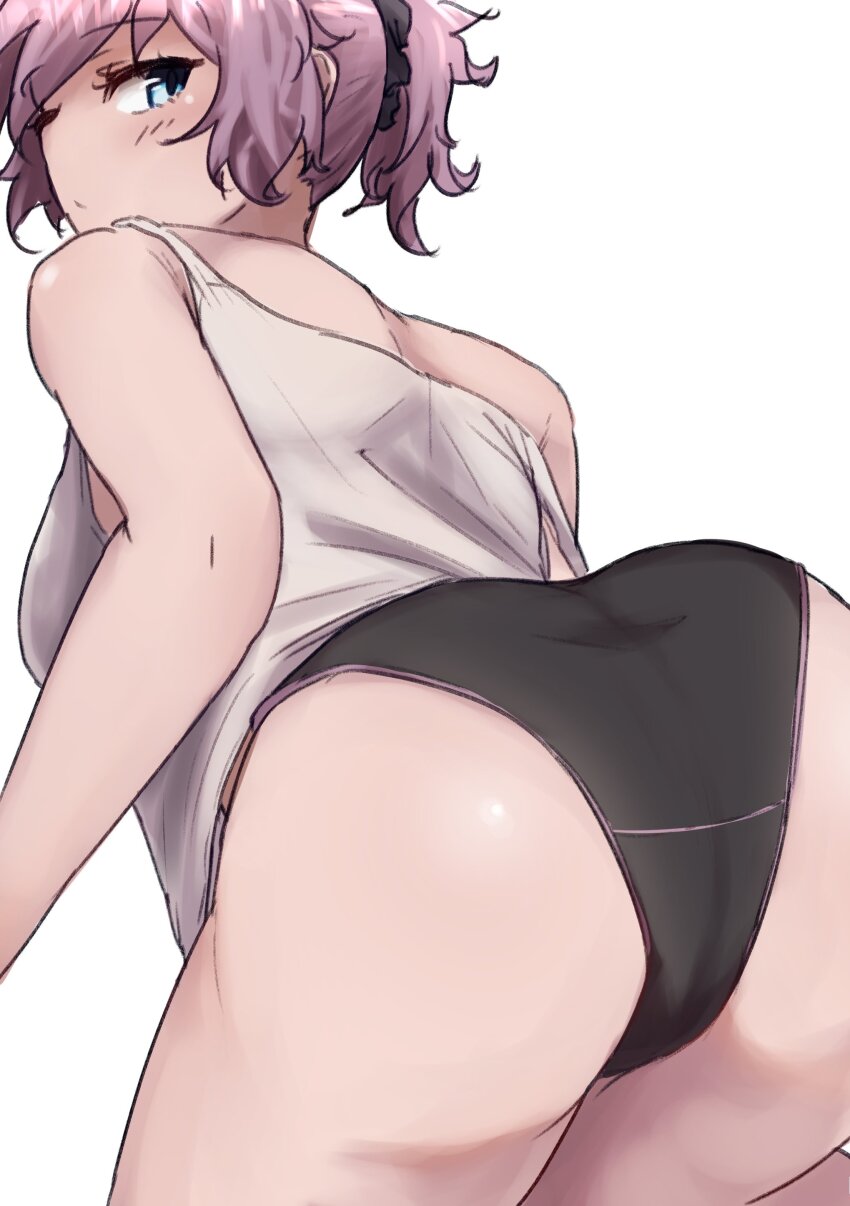 1girl, absurdres, aoba_(kancolle), ass, black_panties, black_scrunchie, blue_eyes, cowboy_shot, highres, ikadamo, kantai_collection, leaning_forward, looking_at_viewer, looking_back, messy_hair, panties, purple_hair, scrunchie, simple_background, solo, strap_slip, tank_top, underwear, white_background, white_tank_top