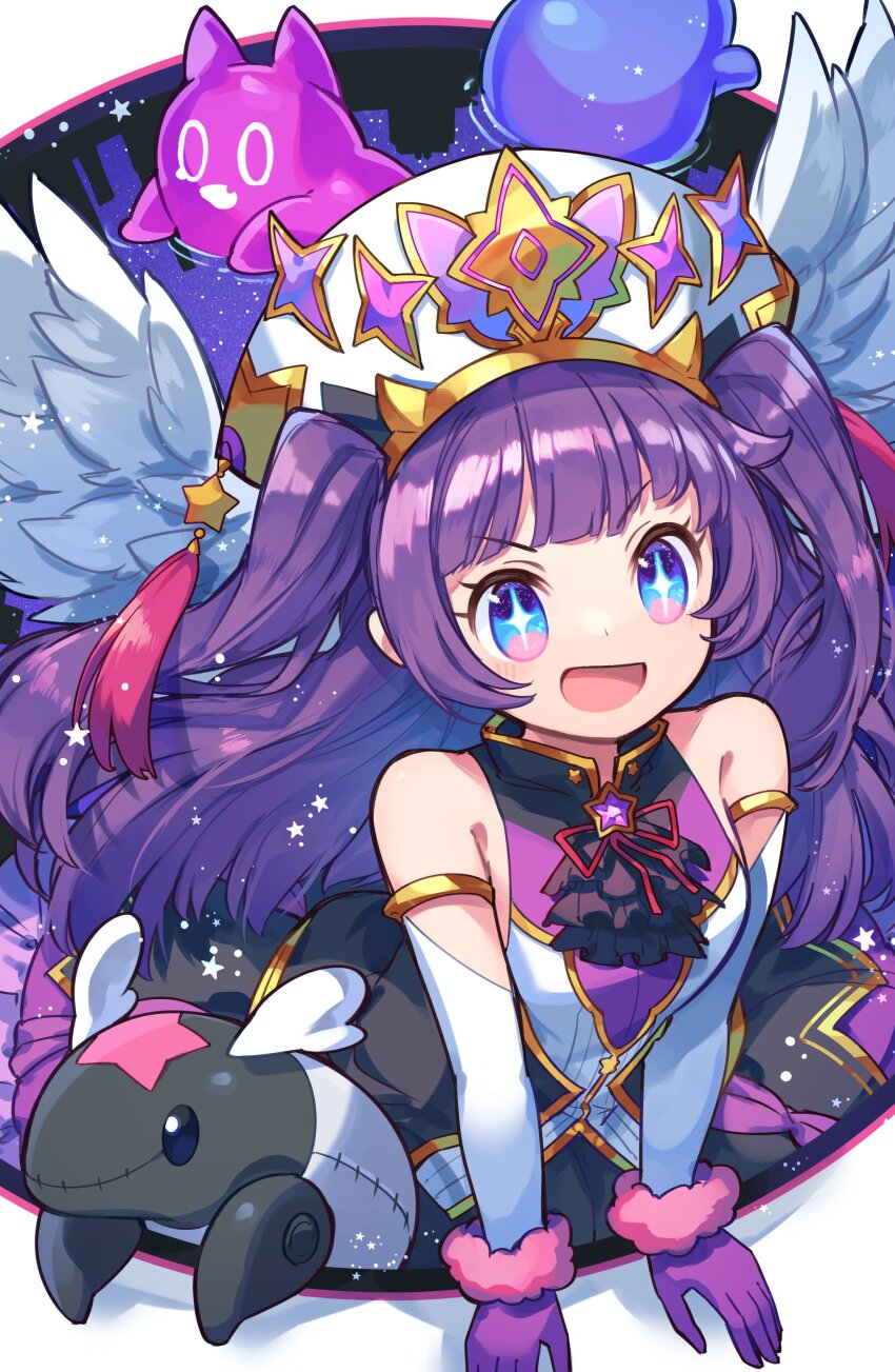 +_+, 1girl, absurdres, bare_shoulders, blue_eyes, blunt_bangs, commentary_request, creature