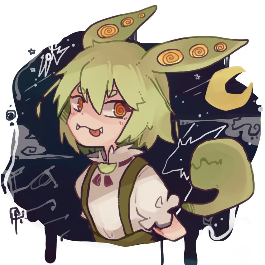 1girl, @_@, caitromen, crescent_moon, cropped_arms, extra_mouth, fangs, fangs_out, green_hair, hair_between_eyes, looking_at_viewer, moon, neck_ribbon, puffy_short_sleeves, puffy_sleeves, ribbon, shirt, short_eyebrows, short_sleeves, solo, suspenders, tongue, tongue_out, upper_body, voicevox, white_shirt, zundamon