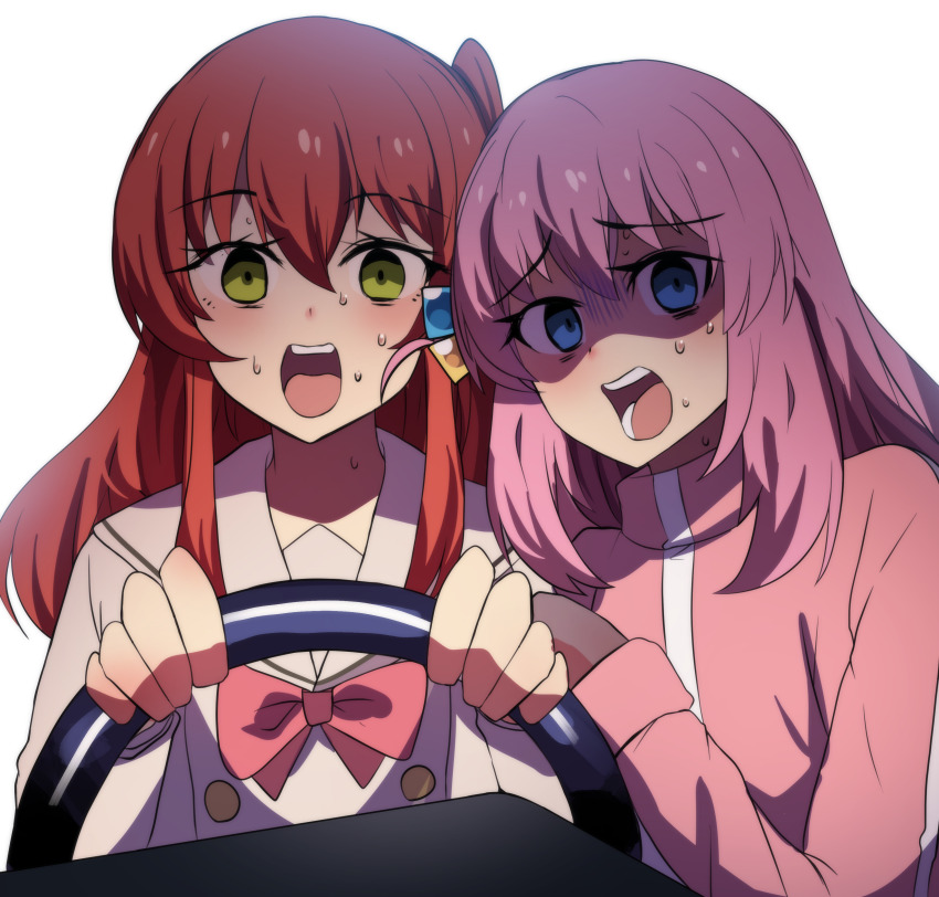 2girls, absurdres, blue_eyes, bocchi_the_rock!, bow, chainsaw_man, commentary, cube_hair_ornament