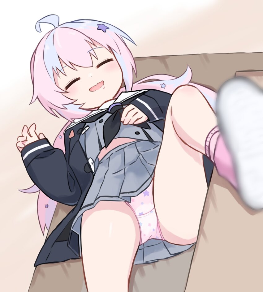 1girl, ahoge, black_jacket, black_neckerchief, blue_archive, blue_hair, blurry, blurry_foreground, closed_eyes, commentary, grey_shirt, grey_skirt, hair_ornament, highres, jacket, leg_up, long_sleeves, lying, neckerchief, on_back, panties, pantyshot, parted_lips, paskmel, petite, pink_hair, pink_panties, pleated_skirt, print_panties, reisa_(blue_archive), sailor_collar, shirt, skirt, sleeping, solo, star_(symbol), star_hair_ornament, star_panties, star_print, underwear, upskirt, wavy_mouth, white_sailor_collar, wide_sleeves