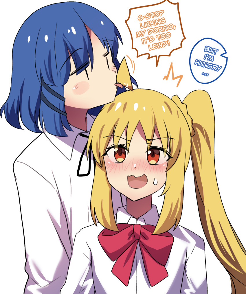 2girls, absurdres, ahoge, black_bow, blonde_hair, blue_hair, blush, bocchi_the_rock!