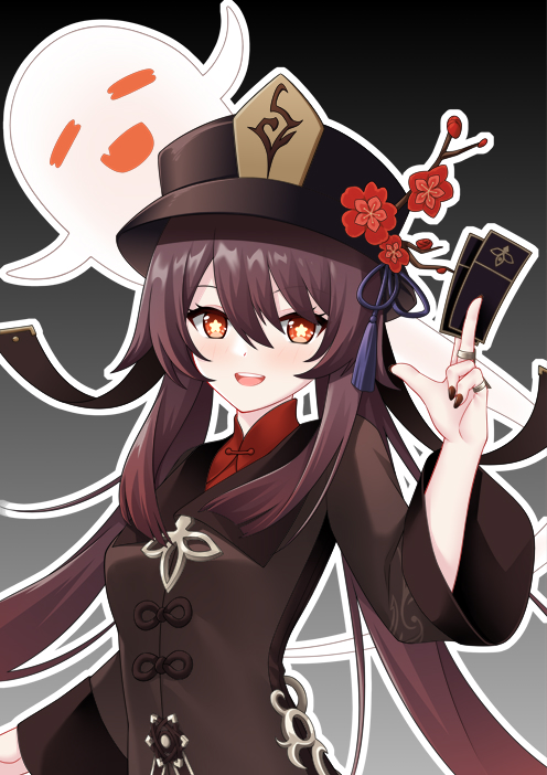 1girl, :d, black_background, black_hair, black_nails, boo_tao_(genshin_impact), chinese_clothes, commentary_request