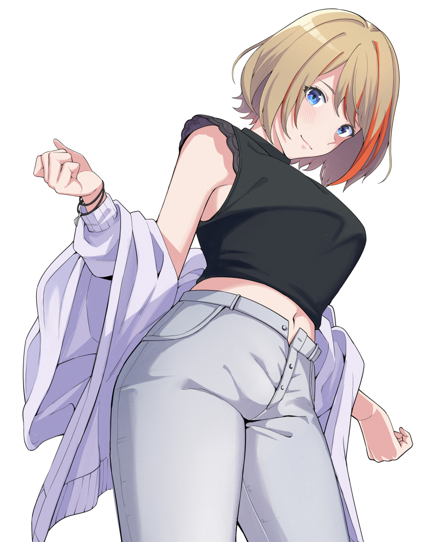 1girl, absurdres, black_shirt, blue_eyes, blush, breasts, crop_top, from_below