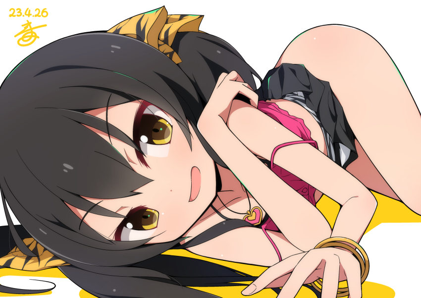 1girl, animal_print, bangle, bare_shoulders, black_hair, bracelet, camisole, clothes_lift, cowboy_shot, hair_ribbon, heart, heart_necklace, highres, idolmaster, idolmaster_cinderella_girls, idolmaster_cinderella_girls_u149, jewelry, leopard_print, long_hair, looking_at_viewer, lying, matoba_risa, necklace, nekokan-nekokan, on_side, open_mouth, print_ribbon, ribbon, skirt, skirt_lift, smile, solo, twintails, yellow_eyes