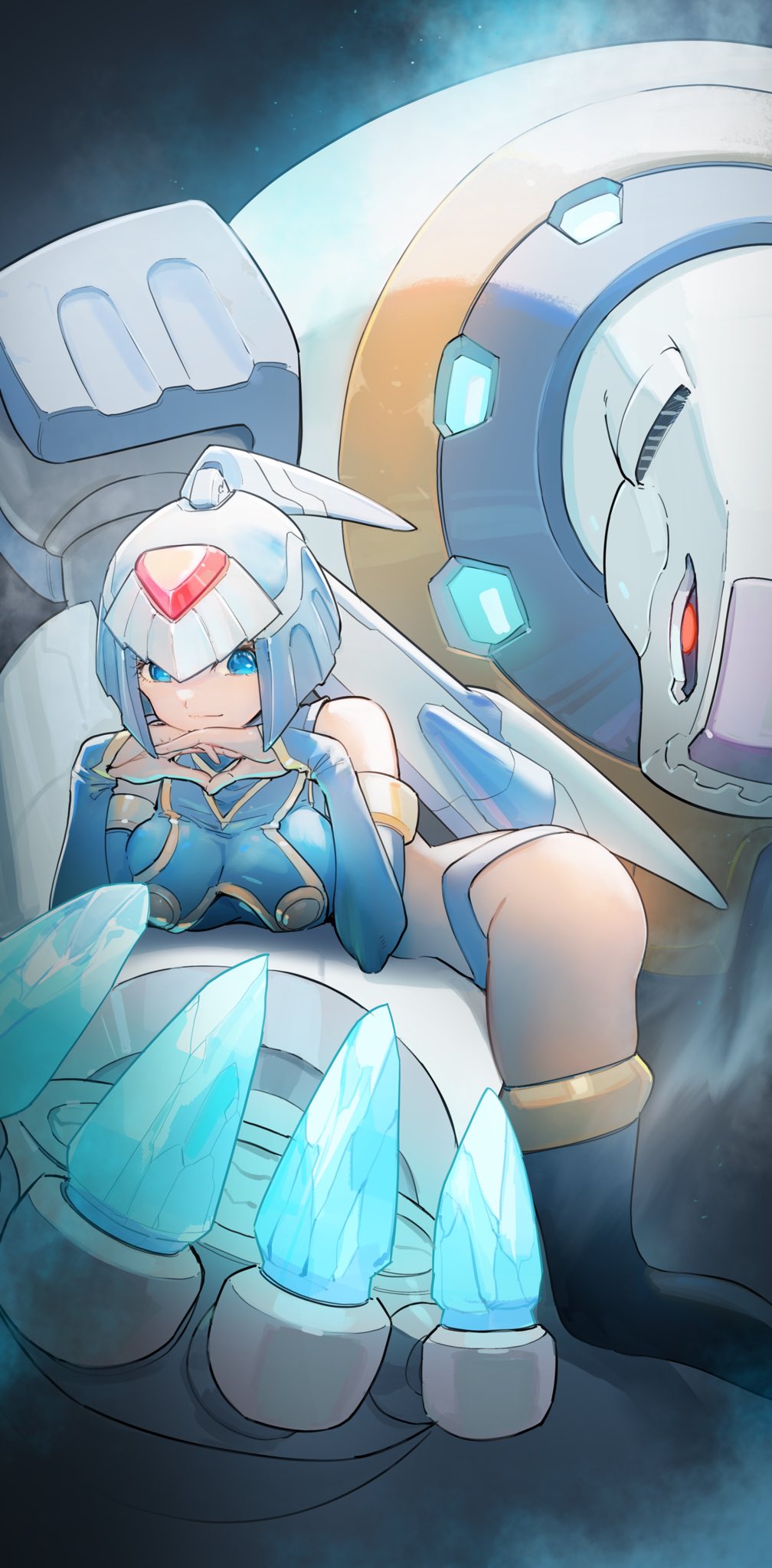 1girl, android, arm_support, ass, blue_eyes, blue_footwear, blue_gloves, boots, breast_rest, breasts, commentary, crop_top, elbow_gloves, english_commentary, eyelashes, fingerless_gloves, gloves, hands_on_own_chin, head_rest, helmet, highres, ice, large_breasts, fairy_leviathan_(mega_man), light_smile, looking_at_viewer, lying, mega_man_(series), mega_man_zero_(series), mega_man_zero_2, on_stomach, poler_kamrous, robot_girl, tanziya_(codlxcold), thigh_boots, thighs