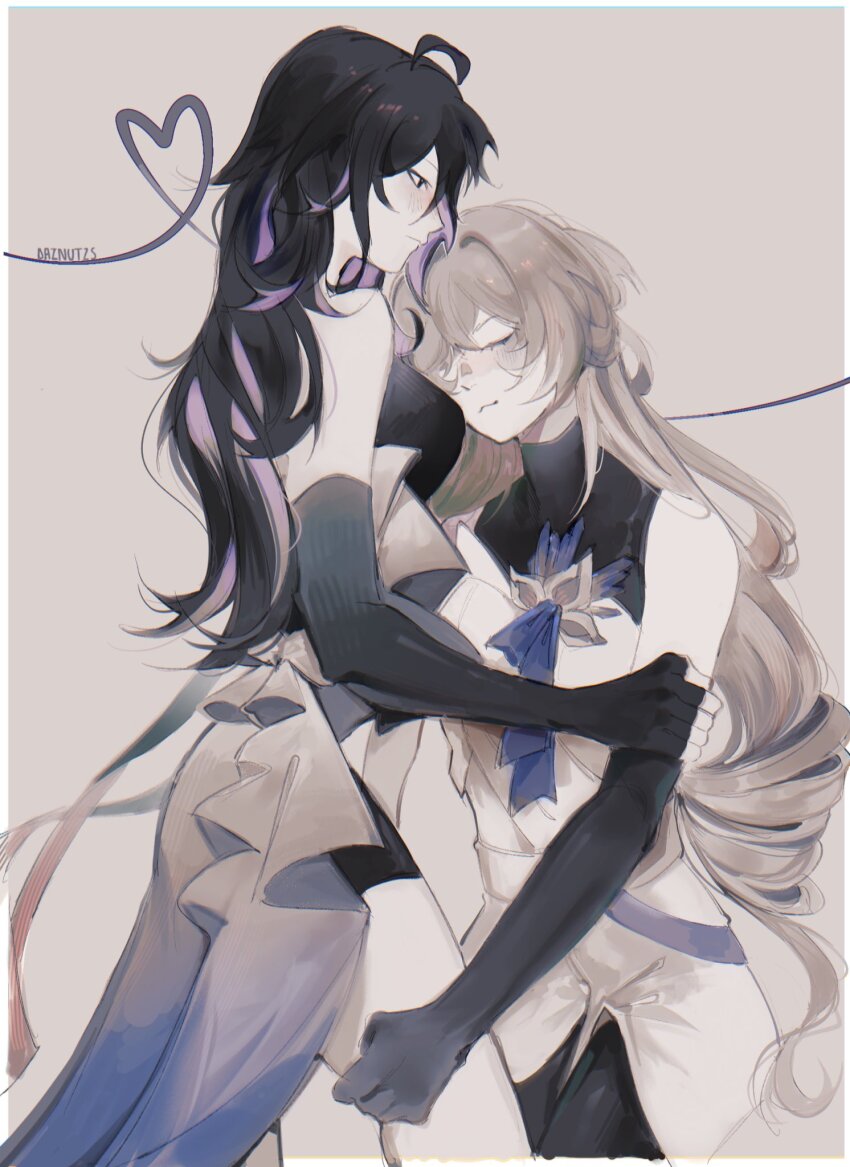 2girls, ahoge, black_eyes, black_gloves, black_hair, black_pants, black_shirt, black_shorts