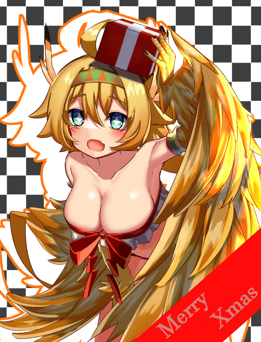 animal_hands, blonde_hair, blush, box, breasts, christmas, claws, cleavage