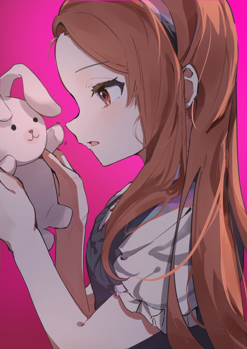 1girl, absurdres, asymmetrical_bangs, brown_hair, doll, forehead, highres, holding