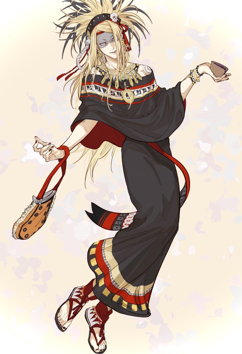 1boy, alternate_costume, aztec, bag, black_lips, black_nails, black_robe, blonde_hair