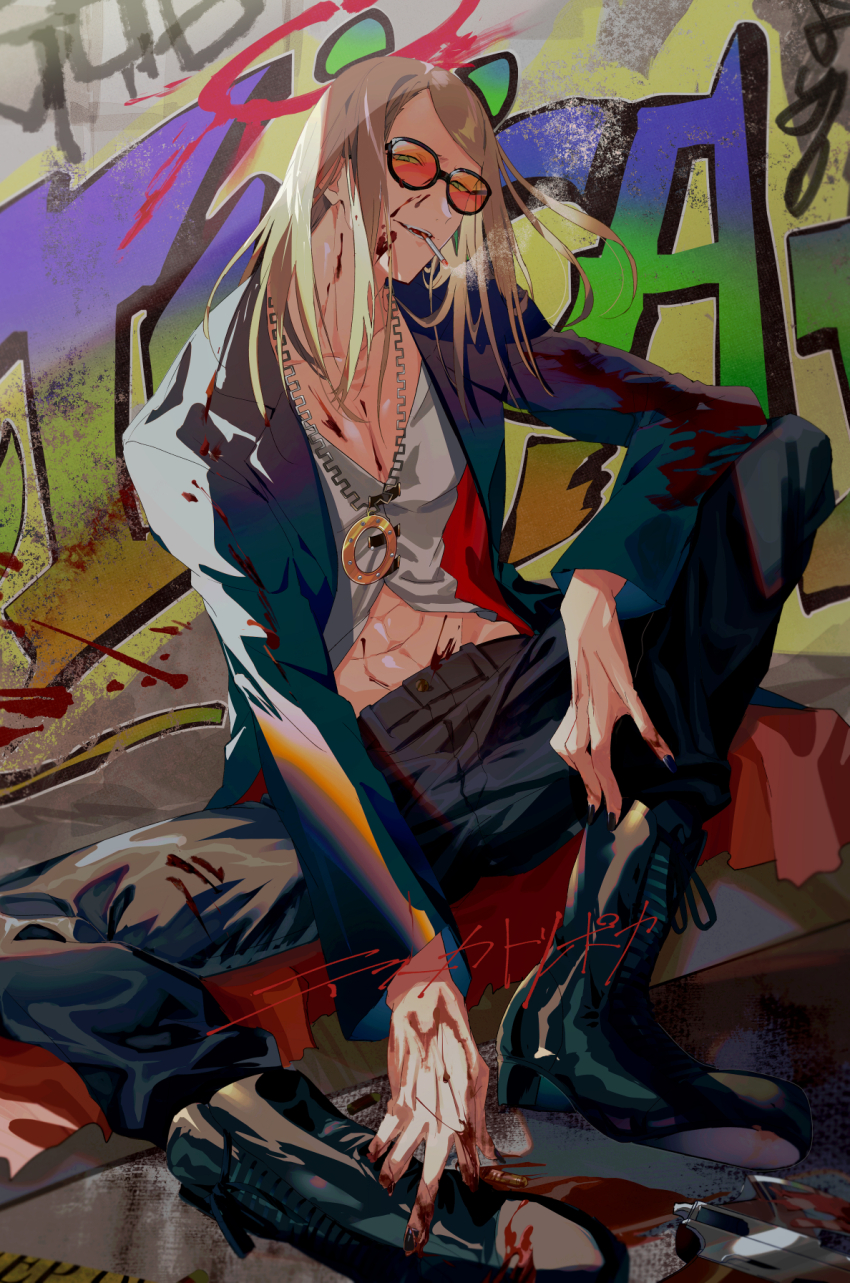 1boy, black_jacket, black_nails, black_pants, blonde_hair, blood, blood_on_clothes, blood_on_hands