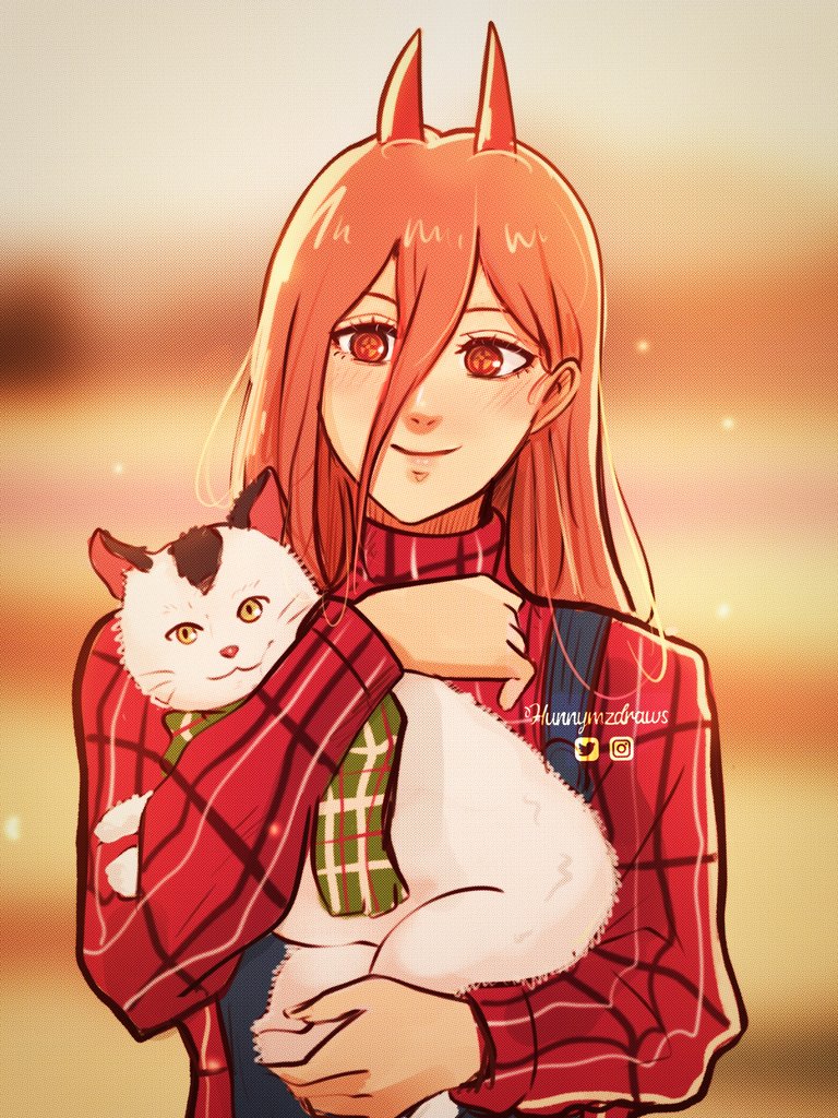 +_+, 1girl, animal, blurry, blurry_background, blush, cat, chainsaw_man