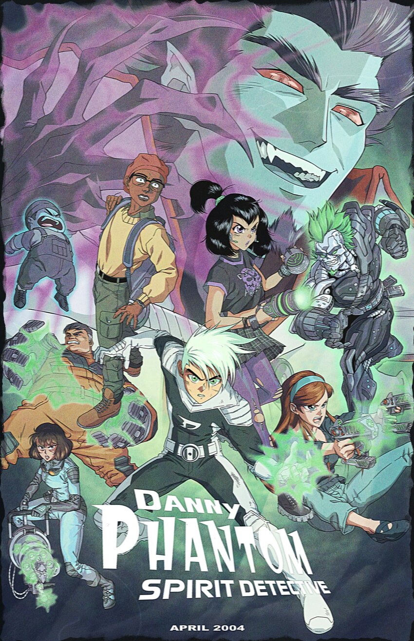 3girls, 6+boys, absurdres, android, aura, black_hair, bodysuit, box_ghost, breasts, claws, cleavage, commentary, danny_fenton, danny_phantom, dark-skinned_male, dark_skin, dated, english_commentary, english_text, everyone, fantasy, film_grain, fuzzzycomics, ghost, glasses, goth_fashion, green_hair, grey_hair, gun, highres, holding, holding_gun, holding_weapon, jasmine_fenton, maddie_fenton, male_focus, multicolored_hair, multiple_boys, multiple_girls, nickelodeon, red_eyes, red_hair, sam_manson, skulker, superhero_costume, teeth, tucker_foley, two-tone_hair, vlad_masters, weapon, white_hair, yuu_yuu_hakusho