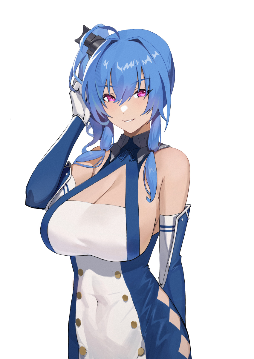 1girl, absurdres, argyle_clothes, diamond_cutout, arm_behind_back, azur_lane, bare_shoulders, blue_hair
