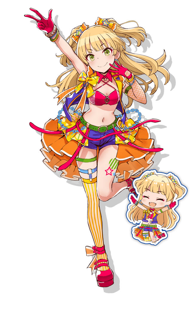 1girl, belt, blonde_hair, breasts, chibi, cleavage, gloves, idolmaster