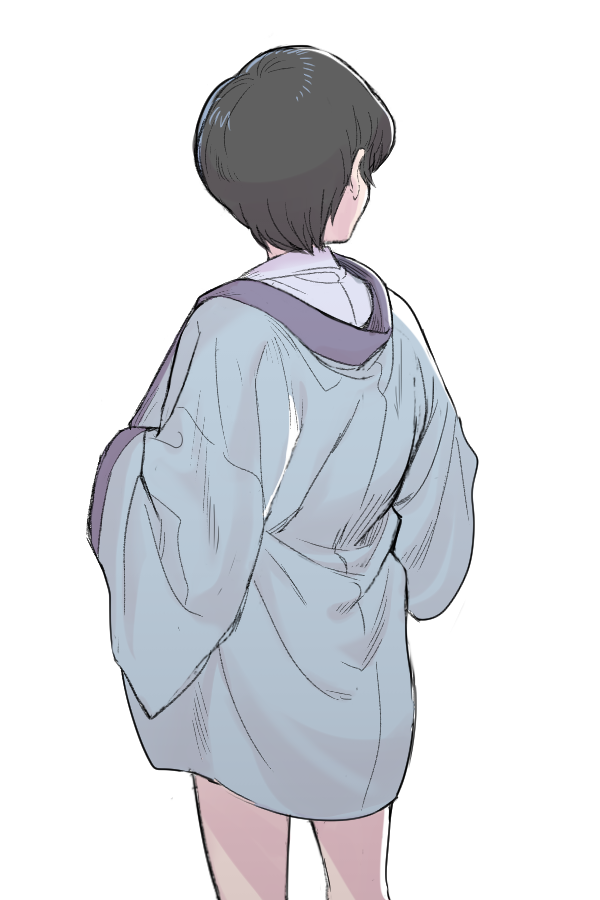 1boy, black_hair, blue_kimono, bottomless, collared_shirt, cowboy_shot, dressing, facing_away