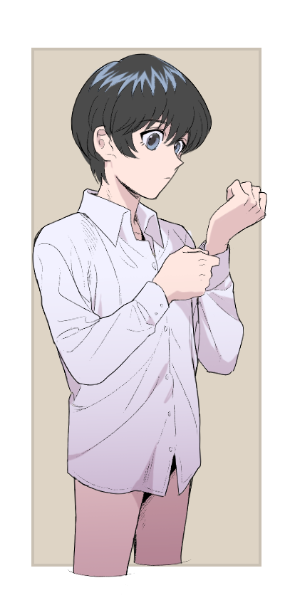 1boy, black_hair, blue_eyes, bottomless, brown_background, buttoning, closed_mouth, collared_shirt, cropped_legs, dress_shirt, dressing, hands_up, long_sleeves, looking_at_hand, looking_away, male_focus, okurase, outside_border, rurouni_kenshin, seta_soujirou, shirt, short_hair, solo, white_shirt