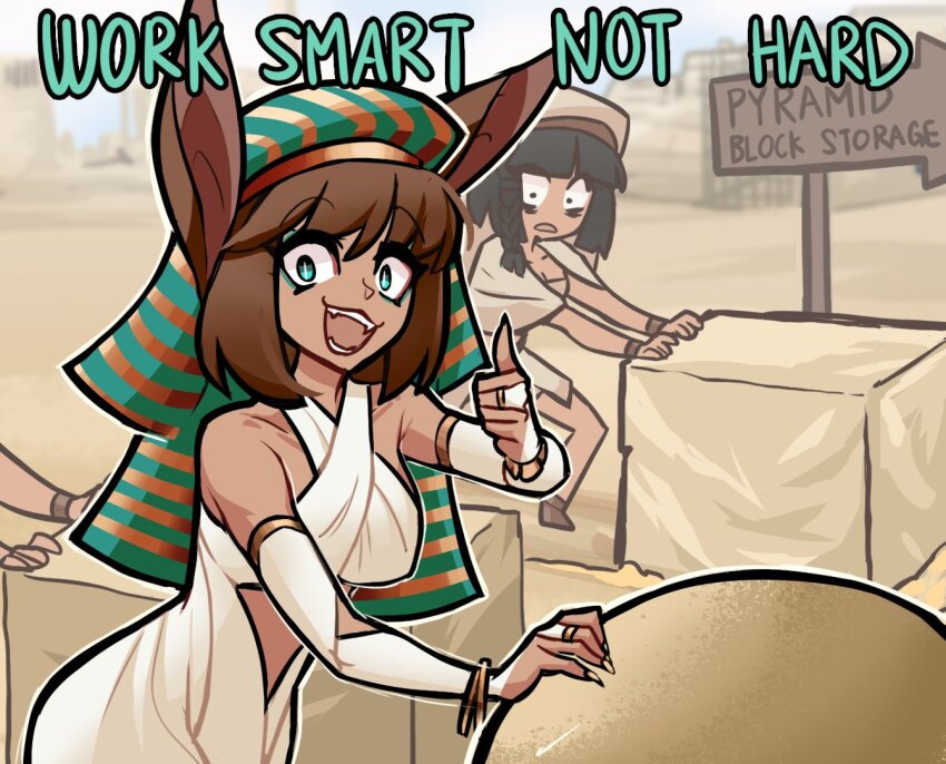 2girls, ancient_egyptian_clothes, animal_ears, anubite_(centurii-chan), bags_under_eyes, black_hair, breasts, brown_hair