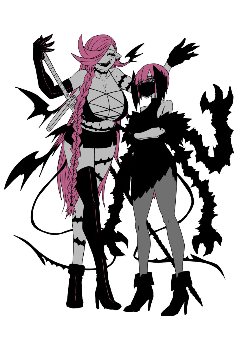 2girls, asymmetrical_footwear, asymmetrical_gloves, black_dress, black_footwear, black_gloves, black_mask, black_tail