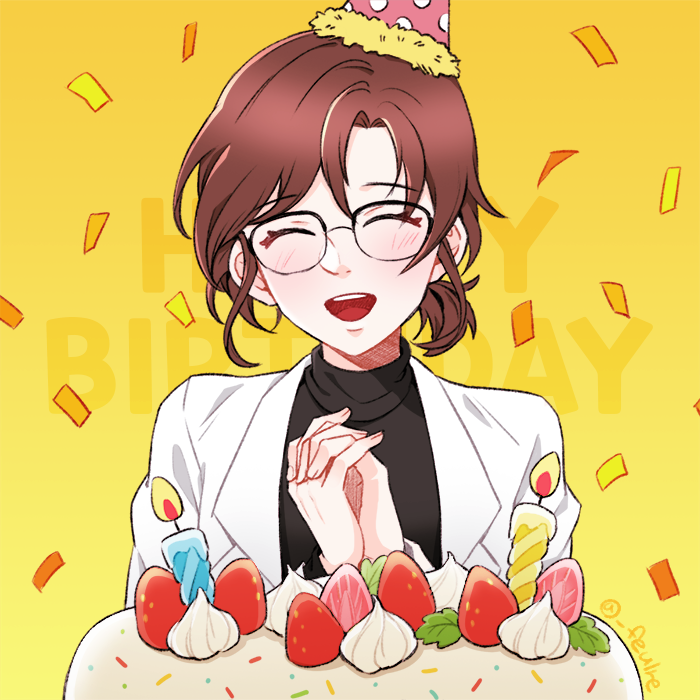1girl, birthday, birthday_cake, black-framed_eyewear, blush, brown_hair, cake, candle
