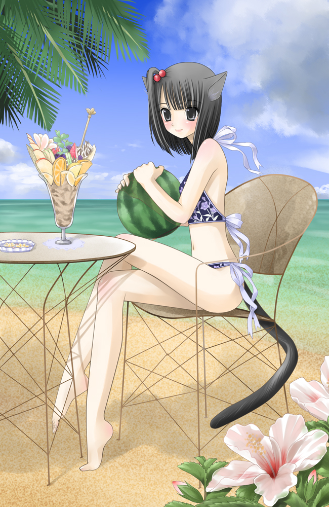 1girl, animal_ears, bad_proportions, ball, barefoot, beach, beachball, bikini, black_eyes, black_hair, blush, cat_ears, cat_tail, chair, cloud, crossed_legs, day, female_focus, floral_print, flower, food, fruit, hair_bobbles, hair_ornament, halterneck, hibiscus, kanzaki_miku, kuroinu, long_legs, navel, ocean, on_chair, original, outdoors, parfait, side-tie_bikini_bottom, side_ponytail, sky, solo, swimsuit, table, tail, watermelon
