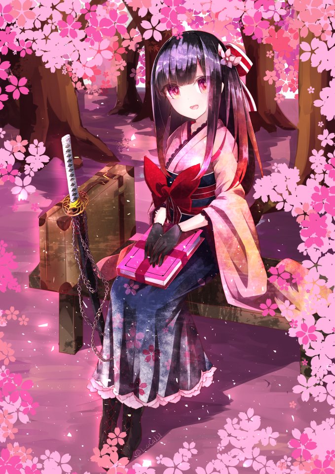 1girl, black_gloves, black_hair, book, boots, chain, cherry_blossoms, floral_print