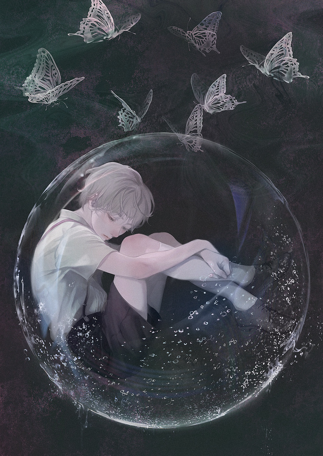 1boy, black_background, black_shoes, black_shorts, bubble, bug, butterfly, closed_mouth