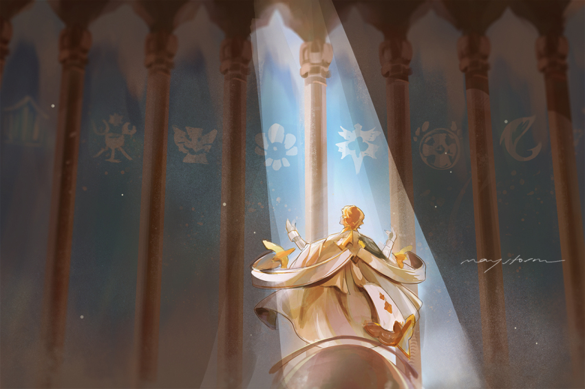 1boy, arch, blonde_hair, cape, clotted_cream_cookie, commentary, cookie_run, cookie_run:_kingdom