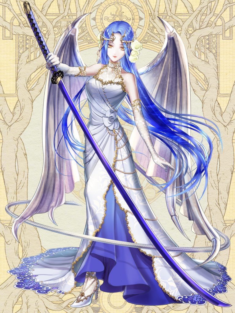 1girl, bare_shoulders, blue_hair, breasts, cleavage, dairoku_ryouhei, daphne_vuena, dragon_wings