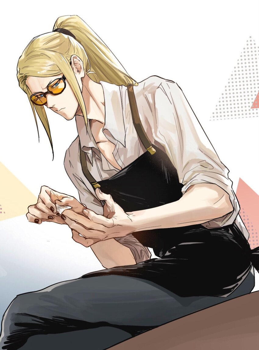 1boy, apron, black_apron, black_nails, black_pants, blonde_hair, blue_eyes, crossed_legs