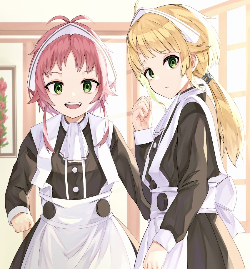 2girls, aisha_greyrat, apron, blonde_hair, blunt_bangs, dress, fangs, green_eyes, highres, indoors, long_hair, maaason, maid, maid_apron, maid_headdress, multiple_girls, mushoku_tensei, norn_greyrat, open_mouth, ponytail, red_hair, short_hair, smile, white_apron